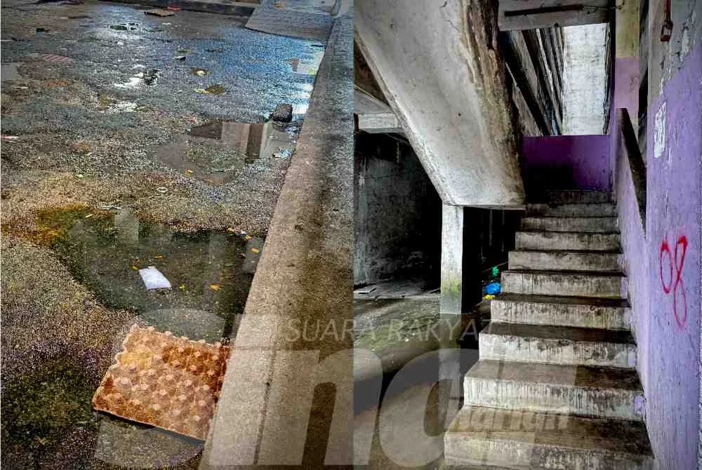 Keadaan tangga yang tiada pemegang besi dipercayai dicuri oleh pihak tidak bertanggungjawab dan air yang bertakung di bawah blok menyebabkan berbau busuk.