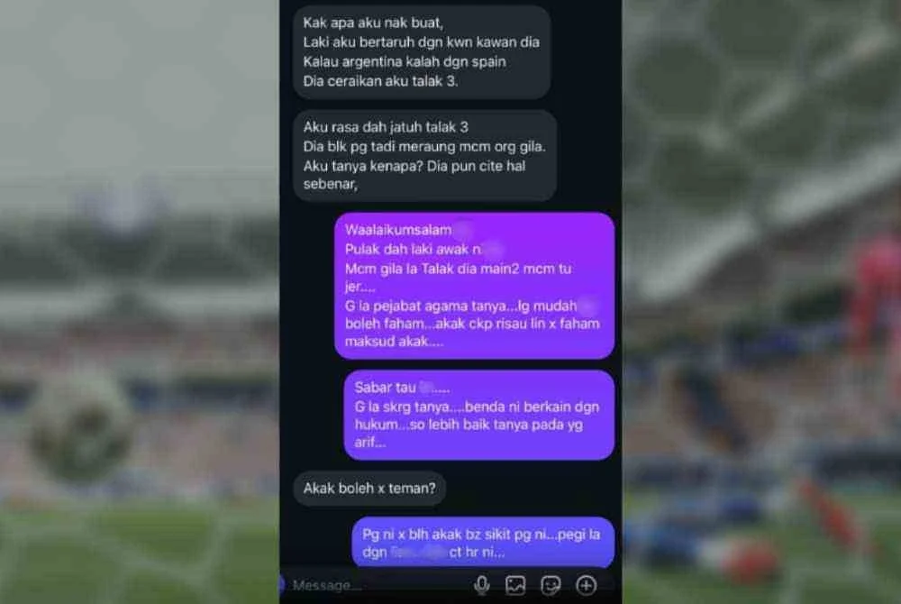 Tular tindakan seorang suami yang didakwa menjadikan lafaz talak sebagai taruhan dalam perlawanan bola sepak antara Argentina dan Sepanyol.