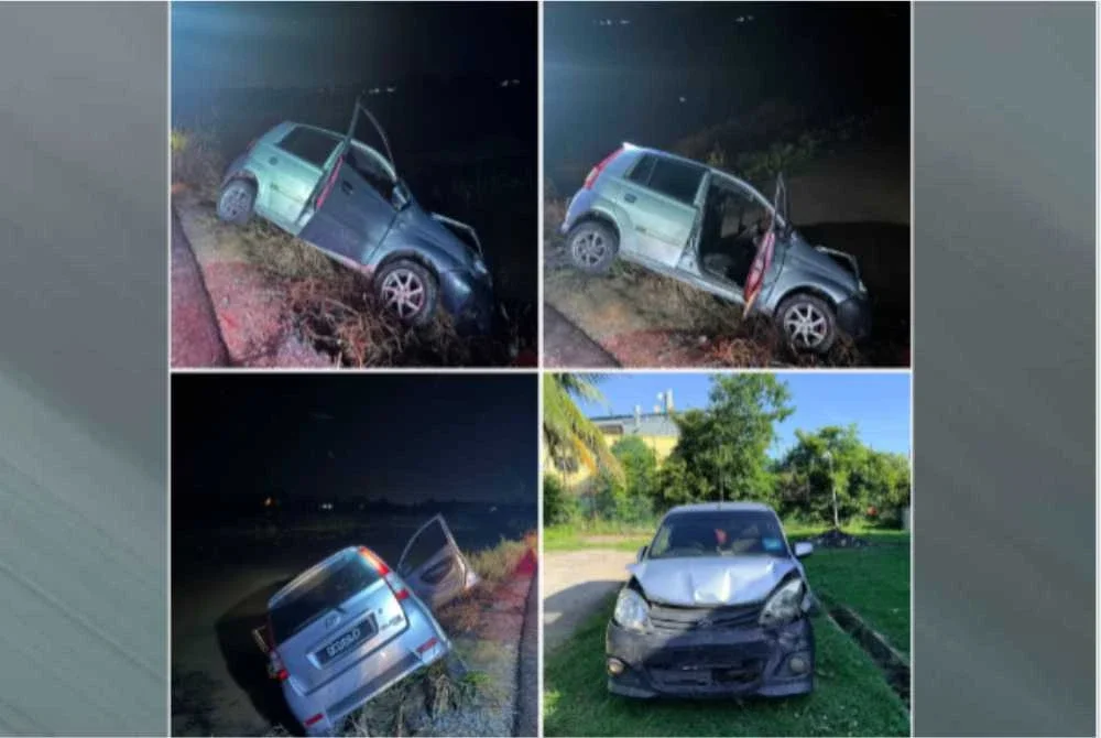 Kenderaan suspek yang terbabas di Kampung Parit Bendang Morak, Jalan Palekbang di sini