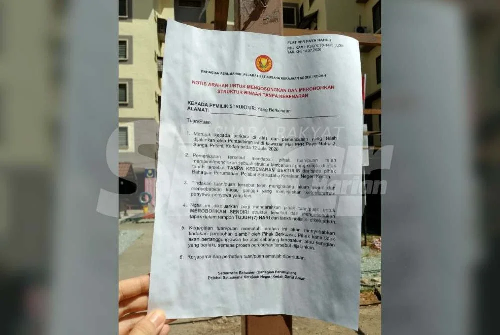 Bahagian Perumahan mengeluarkan notis kepada penghuni terlibat pada 14 Julai lalu dan tempoh selama tujuh hari dan 30 hari telah diberikan bergantung kepada jenis struktur binaan yang didirikan tanpa kebenaran.
