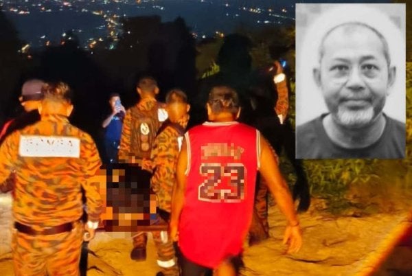 Pasukan penyelamat mengangkat mayat Nazli (gambar kecil) yang ditemui tidak bernyawa di puncak Bukit Maras pada petang Selasa.