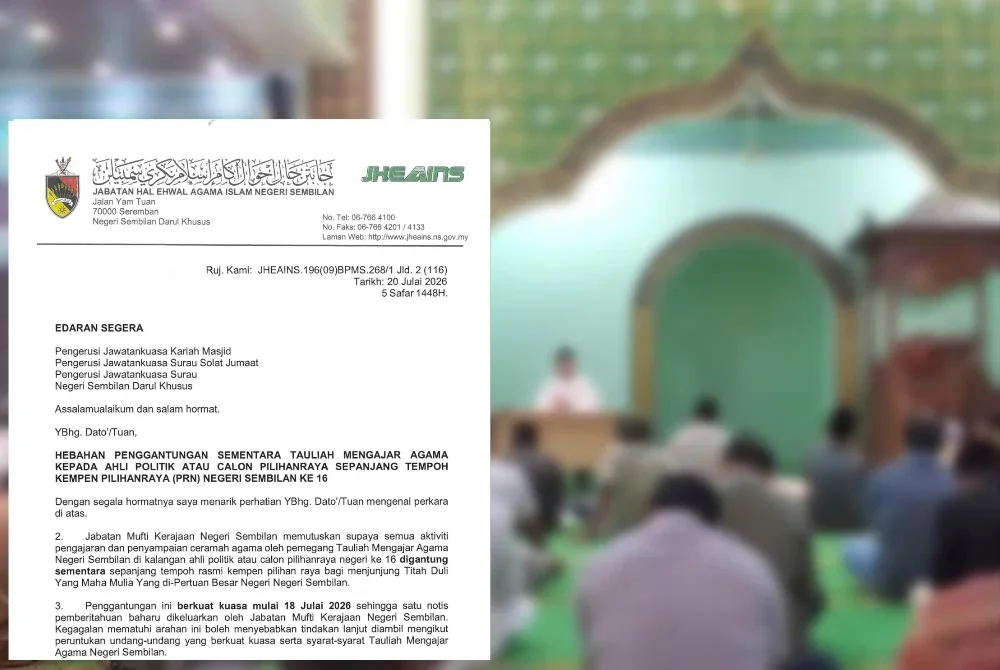 Surat hebahan penggantungan sementara tauliah mengajar agama kepada ahli politik dan calon pilihan raya