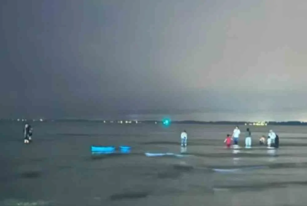 Fenomena cahaya kebiruan atau blue tears yang menghiasi permukaan laut di Pantai Tembeling