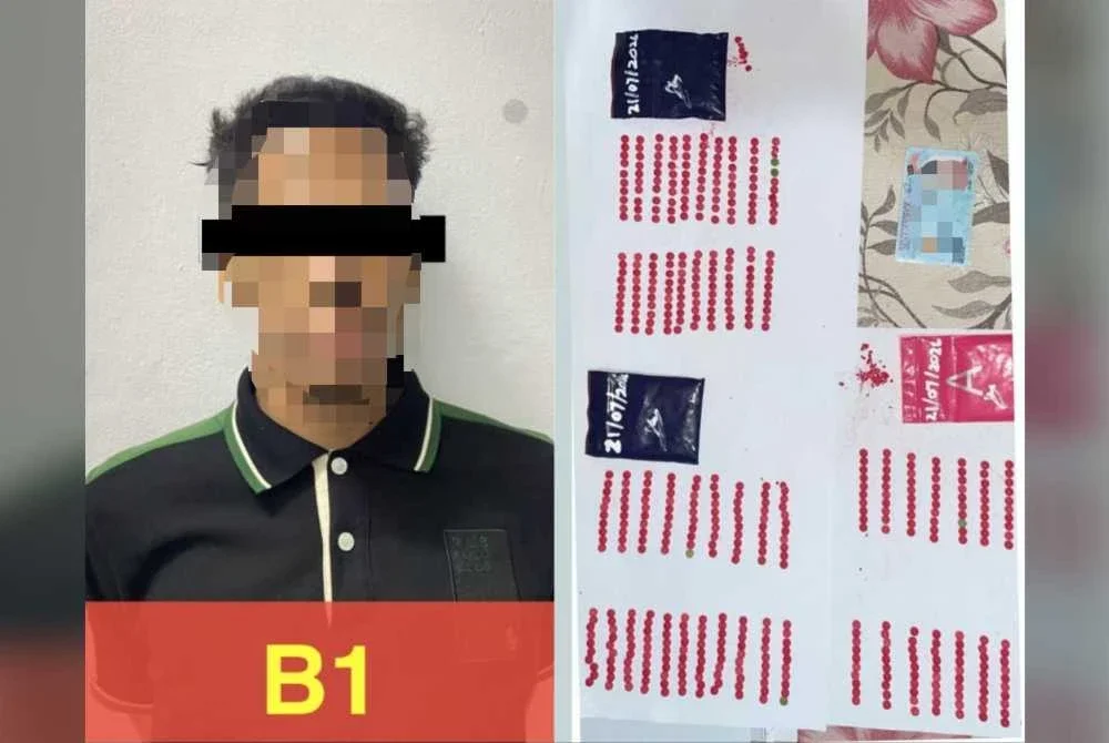 Suspek yang ditahan bersama 596 biji pil kuda dianggarkan bernilai RM5,960. Foto PDRM