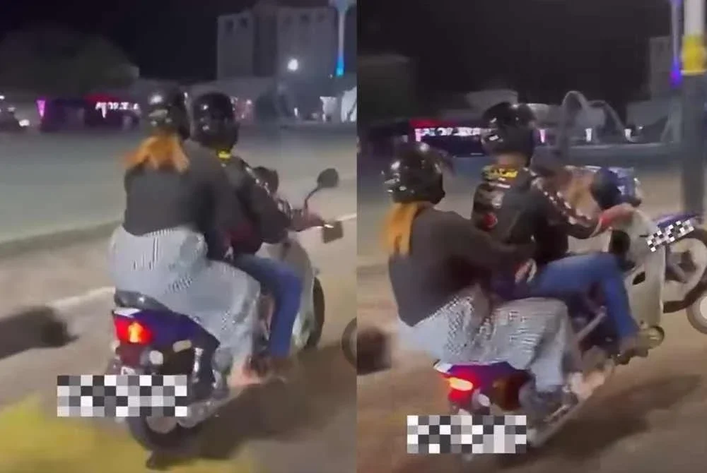 Tangkap layar video seorang lelaki melakukan aksi 'wheelie' ketika menunggang motosikal sambil membawa isteri dan anak perempuan berusia empat tahun di Alor Setar tular di media sosial.