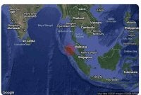 Peta MetMalaysia menunjukkan lokasi gempa bumi bermagnitud 5.7 yang melanda Utara Sumatera, Indonesia pada jam 12.18 tengah hari Rabu.