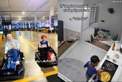Siti Nur Mazni meluangkan masa bersama anak lelakinya (kiri) dan aksi Adam memasak ketam masak lemak raih perhatian.