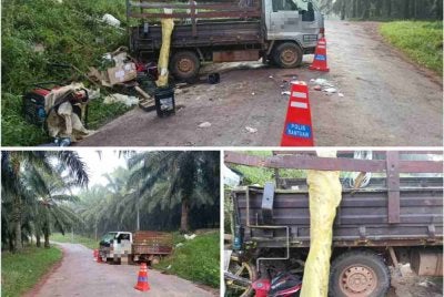 Keadaan lori yang terbalik di bahu jalan selepas dipercayai hilang kawalan sebelum menghempap sebuah motosikal dalam kemalangan di Jalan Utama Ladang Kosma, Rompin pada Sabtu. – Foto IPD Rompin