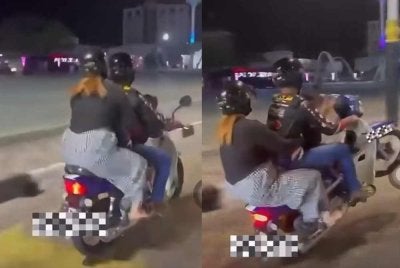 Tangkap layar video seorang lelaki melakukan aksi 'wheelie' ketika menunggang motosikal sambil membawa isteri dan anak perempuan berusia empat tahun di Alor Setar tular di media sosial.