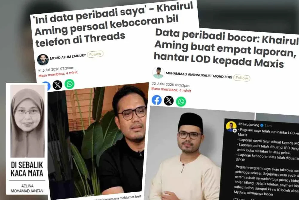 Laporan Sinar Harian mengenai insiden kebocoran data peribadi membabitkan Khairul Aming.