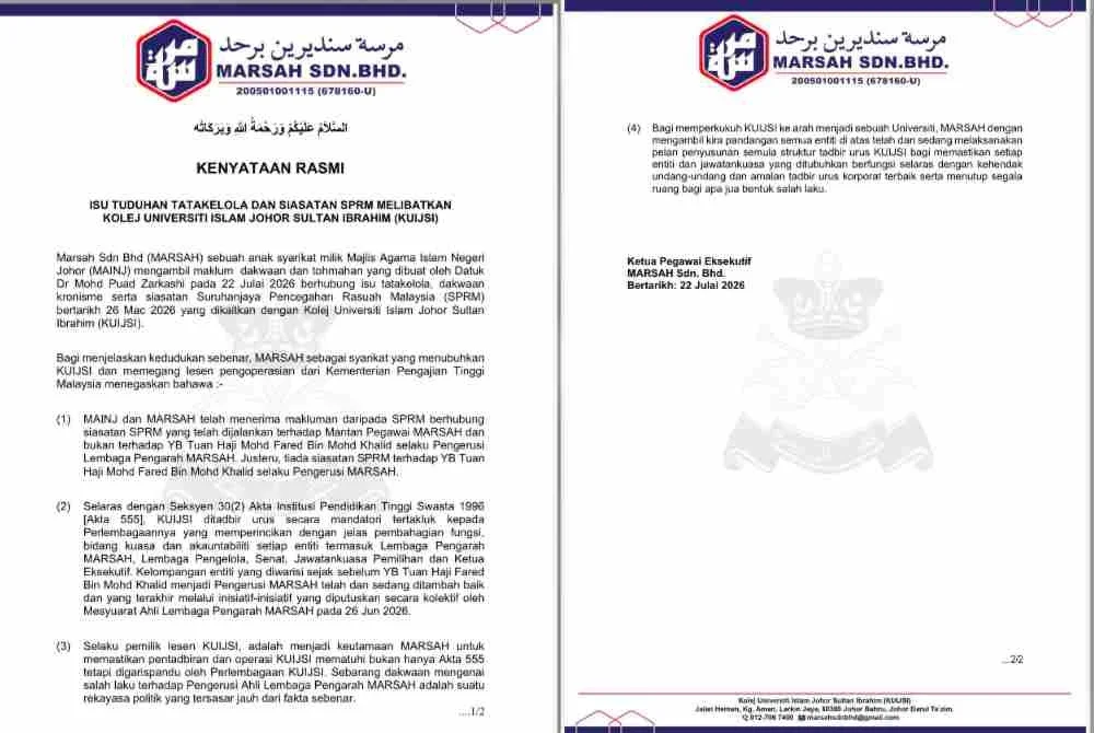 Kenyataan rasmi yang dikeluarkan MARSAH pada Rabu.