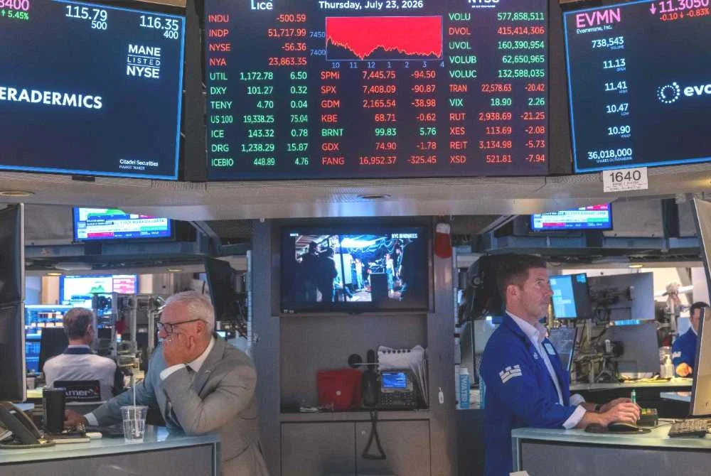 Pedagang menjalankan urus niaga di Bursa Saham New York (NYSE) di New York pada 23 Julai 2026. Pasaran saham merosot ketara pada sesi dagangan petang apabila harga minyak dunia melonjak susulan konflik yang berterusan antara Amerika Syarikat (AS) dan Iran. Foto AFP