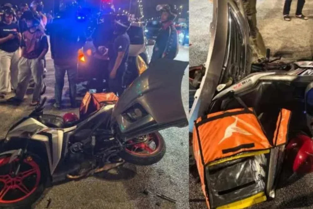Keadaan motosikal yang ditunggang mangsa selepas dirempuh sebuah kereta dipandu warga asing. Foto media sosial