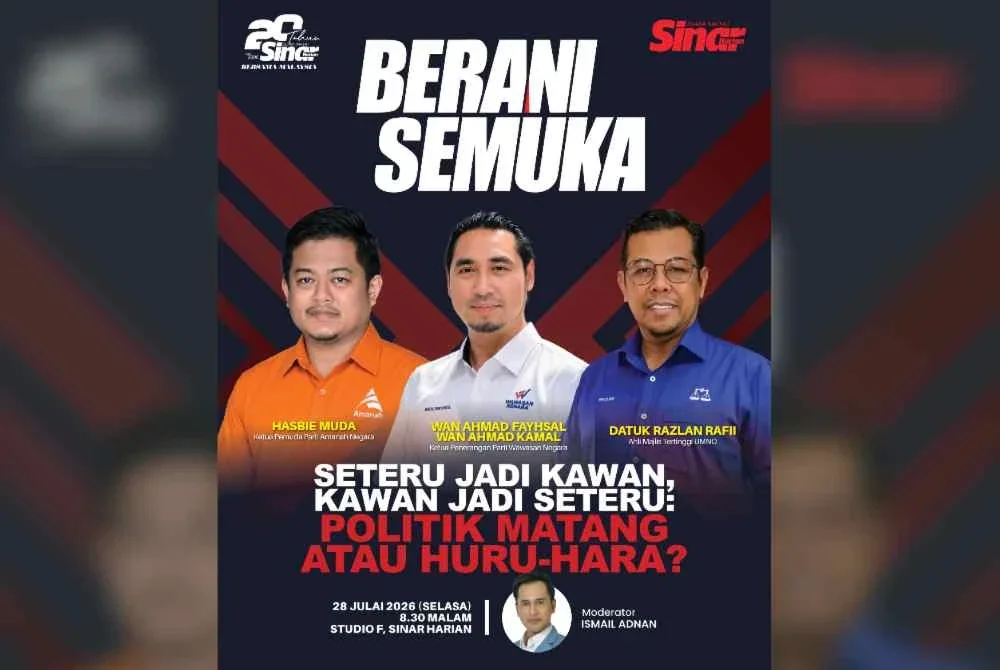 Program bertajuk 'Seteru Jadi Kawan, Kawan Jadi Seteru: Politik Matang atau Huru-Hara' akan bersiaran secara langsung dari Studio F Sinar Harian, Kompleks Karangkraf, Seksyen 15 pada Selasa.