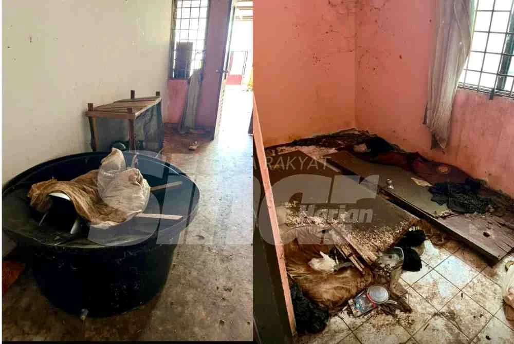 Tangki air dan sangkar binatang diletakkan di ruang tamu rumah. 