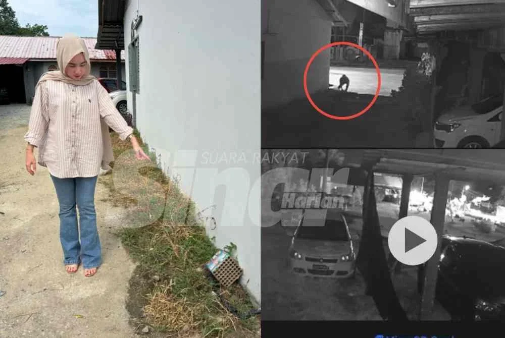 Nur Shairah Solehah menunjukkan tapak mercun yang ditemukan di pekarangan rumah. 