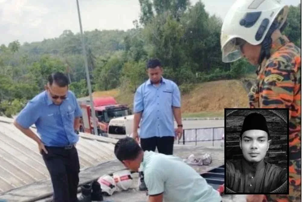Muhammad Nazrin (gambar kecil) disahkan meninggal dunia oleh pegawai Kementerian Kesihatan (KKM) di lokasi kejadian sebelum mayat diserahkan kepada pihak polis untuk tindakan lanjut.