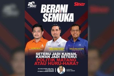 Program bertajuk 'Seteru Jadi Kawan, Kawan Jadi Seteru: Politik Matang atau Huru-Hara' akan bersiaran secara langsung dari Studio F Sinar Harian, Kompleks Karangkraf, Seksyen 15 pada Selasa.