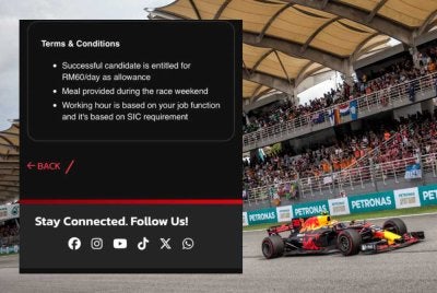 Terma dan syarat meletakkan sukarelawan menerima elaun sebanyak RM60 sehari menerusi laman rasmi sepangcircuit.com.