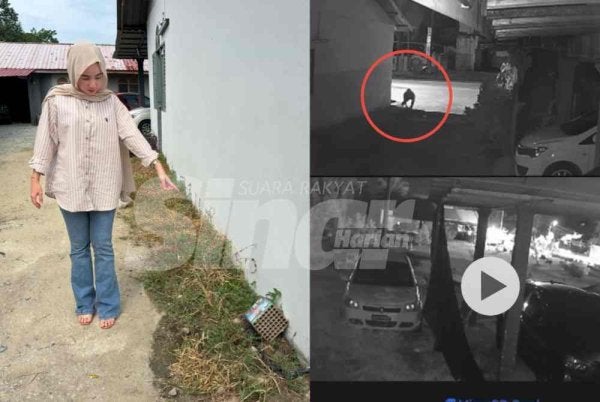 Nur Shairah Solehah menunjukkan tapak mercun yang ditemukan di pekarangan rumah. 