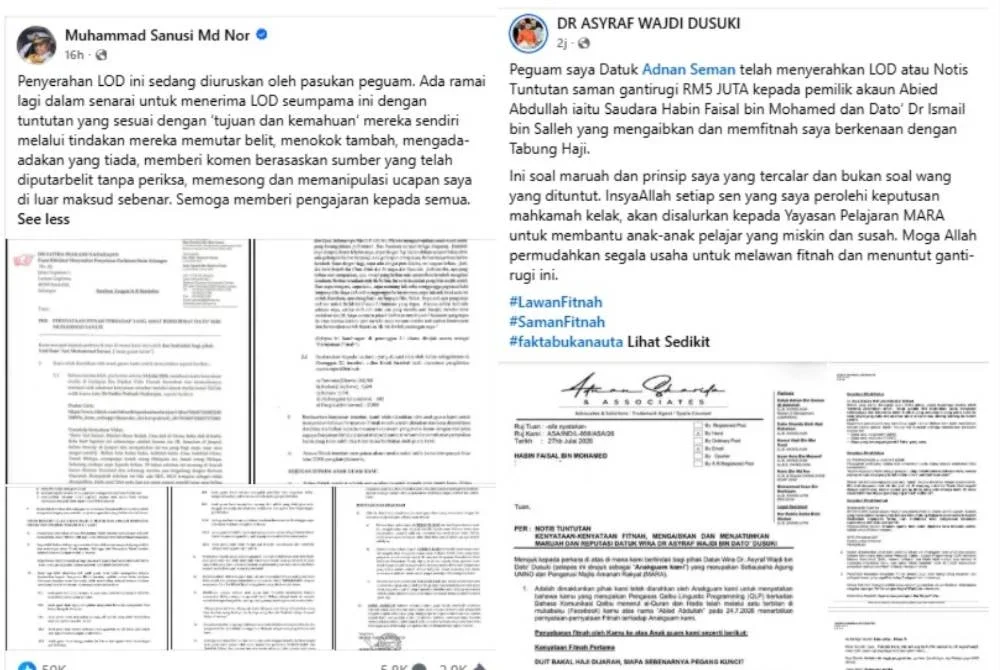 Hantaran Facebook Muhammad Sanusi dan Asyraf Wajdi berkaitan LOD masing-masing.