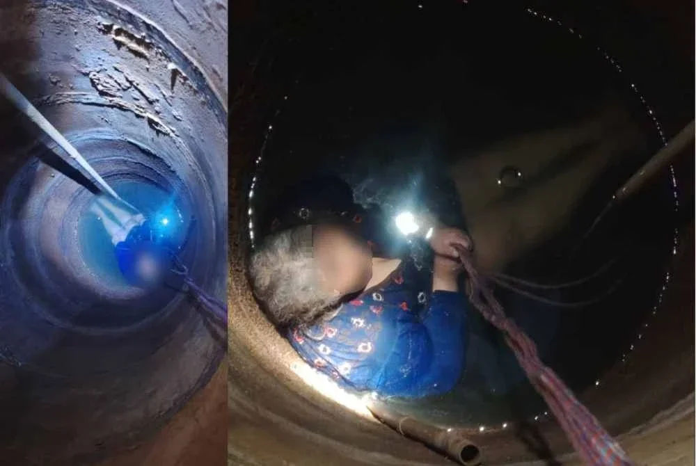 Seorang wanita berdepan detik cemas apabila terjatuh ke dalam sebuah perigi sedalam 5.49 meter di rumahnya di Kampung Batal, Chicha Tinggi, Pasir Mas pada Sabtu. Foto:JBPM