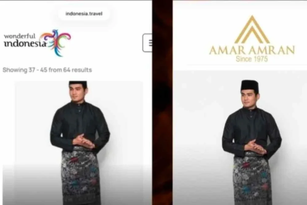 Tangkap layar memaparkan perbandingan imej yang digunakan di laman pelancongan Indonesia dengan sebuah jenama pakaian dari Malaysia, yang tular di media sosial selepas didakwa menggunakan foto yang sama bagi tujuan promosi. Foto Instagram @asianstoryandheritage.