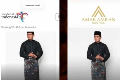 Tangkap layar memaparkan perbandingan imej yang digunakan di laman pelancongan Indonesia dengan sebuah jenama pakaian dari Malaysia, yang tular di media sosial selepas didakwa menggunakan foto yang sama bagi tujuan promosi. Foto Instagram @asianstoryandheritage.