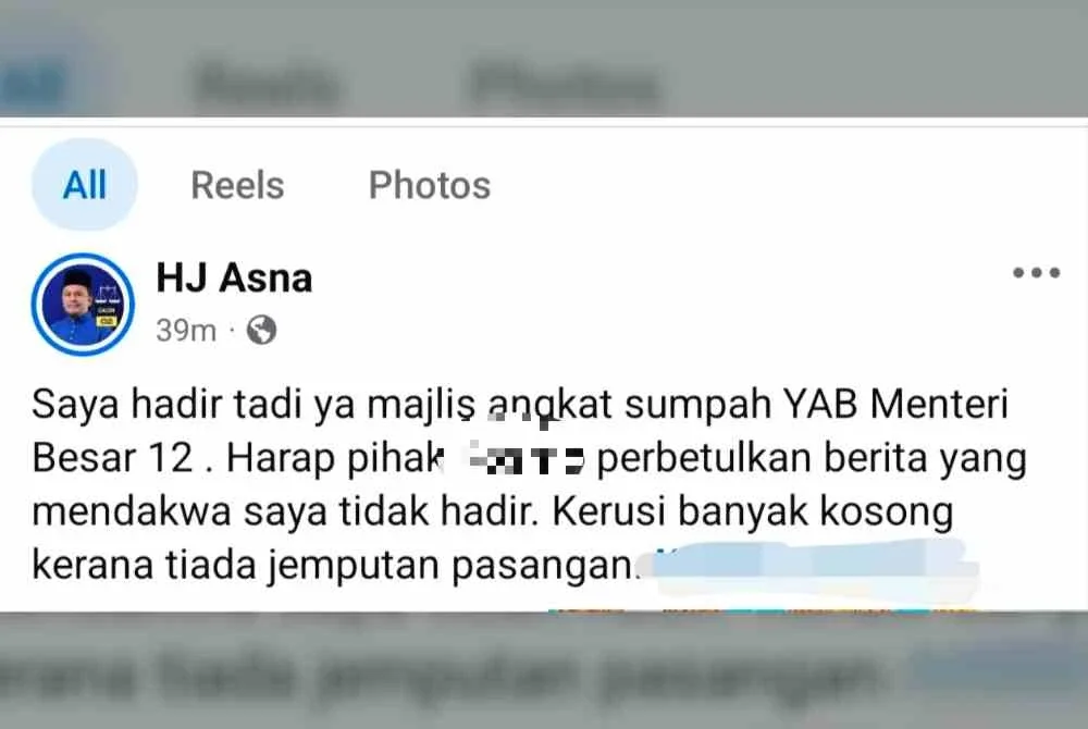 Hantaran Mohd Asna yang menafikan beliau tidak hadir pada Majlis Istiadat Angkat Sumpah Menteri Besar.