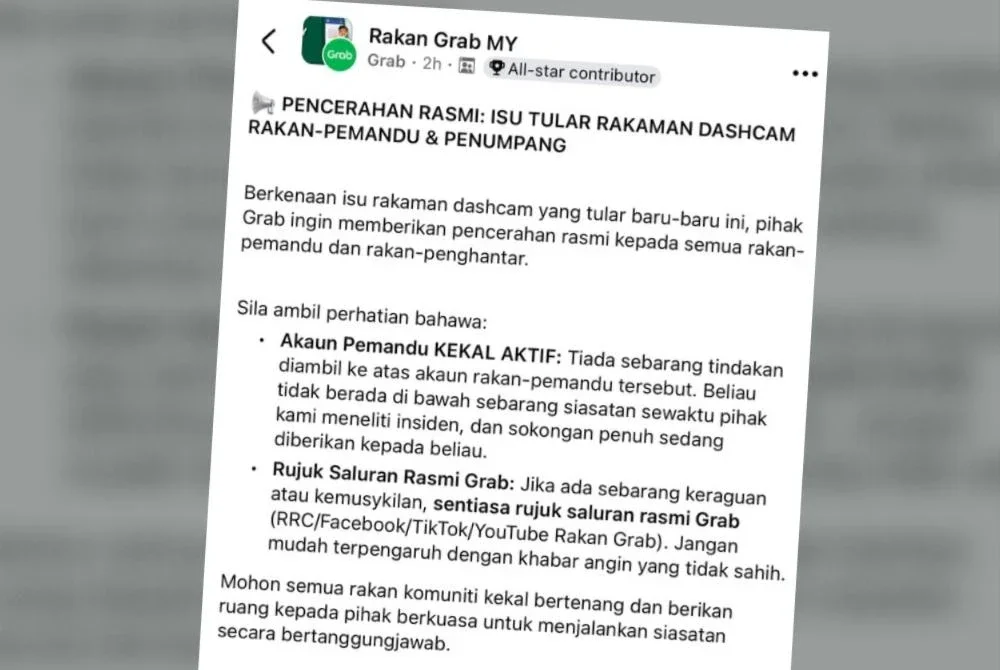 Grab Malaysia mengesahkan akaun pemandu e-hailing yang dikaitkan dengan video tular membabitkan seorang penumpang yang didakwa menghina al-Quran dan agama Islam kekal aktif serta tidak dikenakan sebarang tindakan setakat ini.