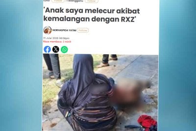 Laporan Sinar Harian mengenai kanak-kanak melecur akibat kemalangan dengan RXZ. 