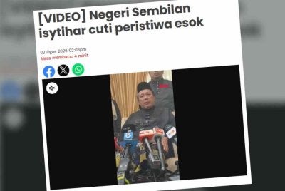 Laporan Sinar Harian mengenai Kerajaan Negeri Sembilan mengisytiharkan esok sebagai Hari Cuti Peristiwa sebagai penghargaan kepada rakyat negeri itu yang menunaikan tanggungjawab mengundi pada PRN Negeri Sembilan ke-16.