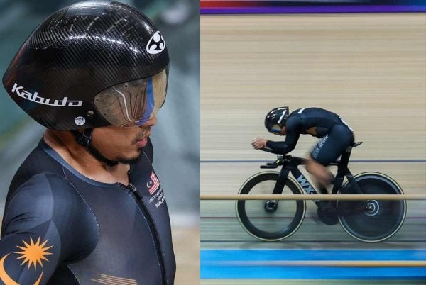 Aksi Azizulhasni pada sesi ujian masa acara 1,000 Meter ujian masa Lelaki di temasya Sukan Komanwel Glasgow 2026 di Sir Chris Hoy Velodrome pada Ahad. Foto Bernama 
