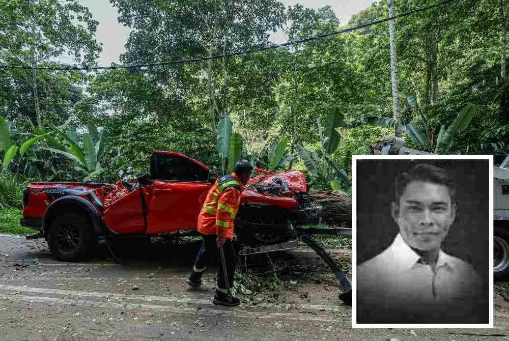 Keadaan kenderaan pacuan empat roda yang dihempap sebatang pokok di Jalan Lama Kuala Lumpur menuju ke Pintu Gerbang Janda Baik, Bentong, tengah hari Isnin. Foto Bernama (Gambar kecil: Mohd Radzi)