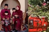 Ketua Pemuda UMNO Bahagian Maran, Mohd Radzi Rahim bersama keluarga. Gambar kanan: Kenderaan dinaiki mereka dihempap pokok tumbang 