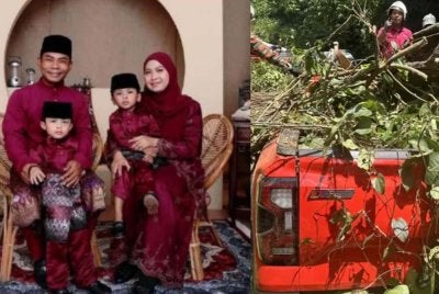 Ketua Pemuda UMNO Bahagian Maran, Mohd Radzi Rahim bersama keluarga. Gambar kanan: Kenderaan dinaiki mereka dihempap pokok tumbang 