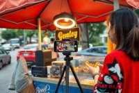 Ramai peniaga mempromosi perniagaan dan menarik pelanggan menerusi penstriman langsung di media sosial sehingga mengumpul ratusan ribu pengikut walaupun hanya membuka khemah jualan di tepi jalan. Foto hiasan janaan AI