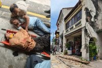 Dua mangsa cedera dalam kejadian runtuhan struktur bangunan warisan di sebuah premis di Lebuh Armenian pada Selasa. Foto: JBPM