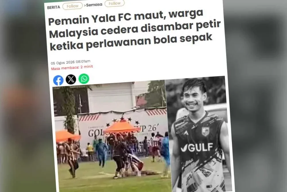 Dalam kejadian kira-kira jam 5 petang Selasa, seorang pemain kelab bola sepak tempatan maut, manakala lebih sembilan individu lain cedera.