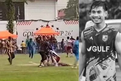 Seorang pemain Yala FC maut selepas disambar petir ketika perlawanan Piala FA Golok di Stadium Santiphap, Sungai Golok, di sini, Selasa petang. Foto Ihsan Polis Thailand