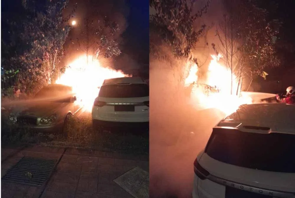 Empat buah kereta yang diparkir di kawasan semak berhampiran lampu isyarat Jalan Sungai Pinang, Jelutong terbakar.