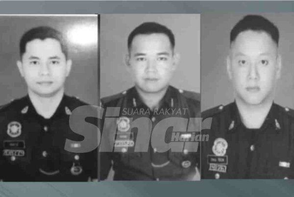 Tiga anggota polis yang maut dikenal pasti sebagai (dari kiri) Mohamad Nur Hafiz Ibrahim, Muhammad Raimi Ismarubee dan Chiu Teck Siong.