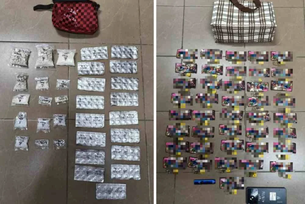 Sebahagian dadah yang dirampas dalam serbuan di sebuah rumah di Kampung Teluk Saga, Kampung Gajah pada Khamis.