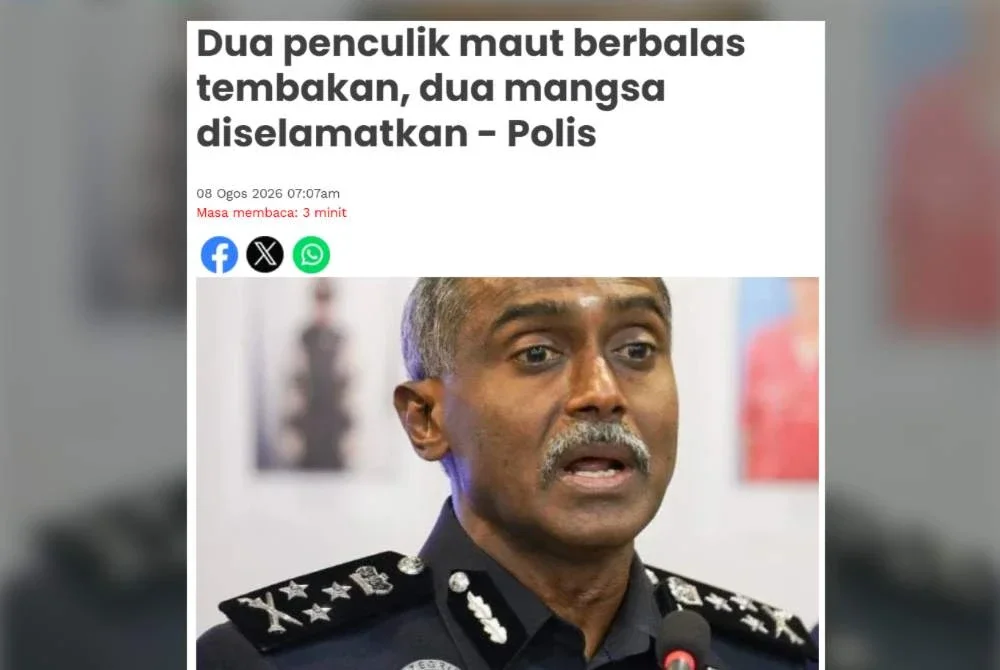 Laporan Sinar Harian mengenai kejadian berbalas tembakan dengan polis ketika operasi menyelamatkan dua mangsa culik di sebuah rumah.