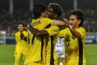 Pavithran meraikan kejayaan bersama rakan sepasukan selepas menjaringkan gol pada perlawanan Kumpulan B Piala Hyundai ASEAN 2026 di Stadium Bolasepak Kuala Lumpur. Foto Bernama