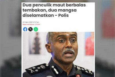 Laporan Sinar Harian mengenai kejadian berbalas tembakan dengan polis ketika operasi menyelamatkan dua mangsa culik di sebuah rumah.