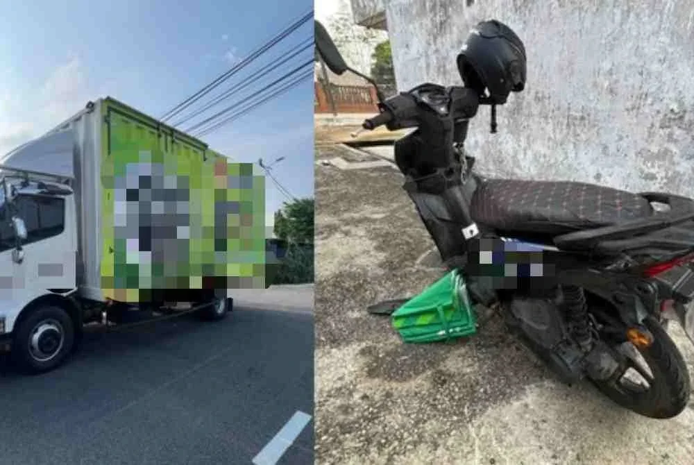 Motosikal dan lori yang terlibat dalam kemalangan di Kilometer 123 Jalan KualaTerengganu-Kuantan berhampiran pekan Kemasik pada Isnin.