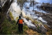 Anggota bomba bertungkus-lumus memadam kebakaran hutan di Taman Nasional Bromo Tengger Semeru berhampiran Gunung Bromo, wilayah Jawa Timur, Indonesia. Foto AFP