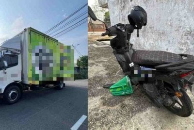 Motosikal dan lori yang terlibat dalam kemalangan di Kilometer 123 Jalan KualaTerengganu-Kuantan berhampiran pekan Kemasik pada Isnin.