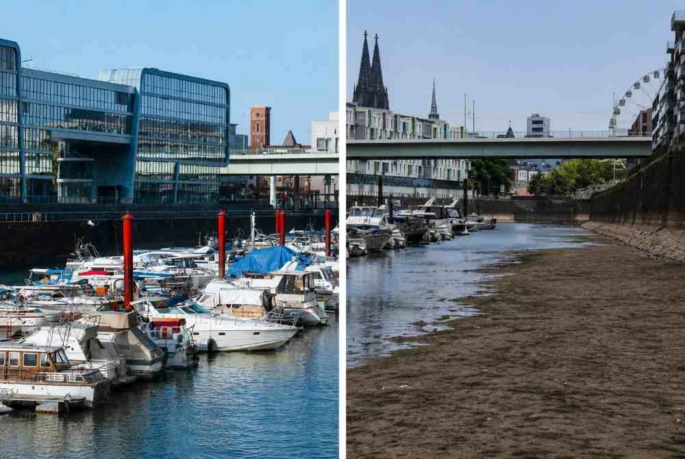 Kesan kemarau dapat dilihat dengan ketara di Pelabuhan Rheinauhafen di Cologne, Jerman.